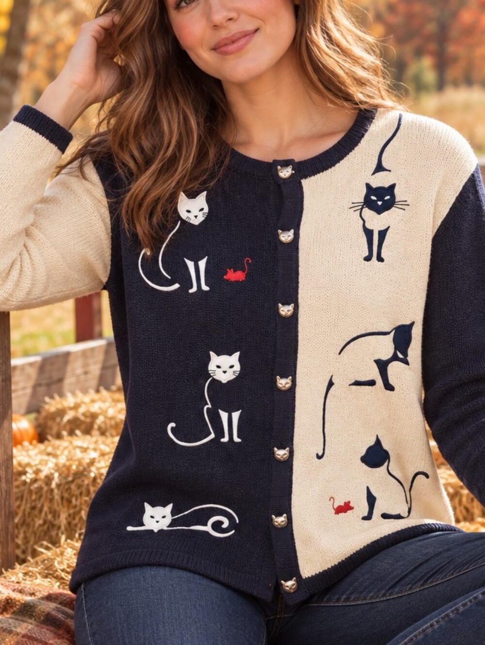 Vintage Christopher & Banks Cat Cardigan Sweater Women’s L Colorblock Novelty